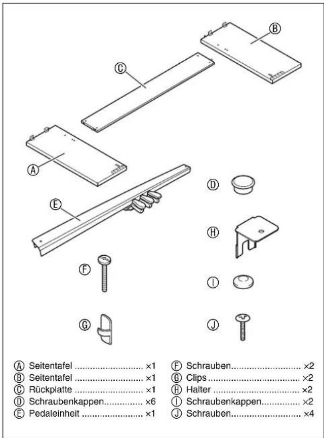 A Seitentafel ....... x1 B Seitentafel ....... x1 C Rückplatte ....... x1 D Schraubenkappen.... x6 E Pedaleinheit ....... x1 F Schrauben.... x2 G Clips.... x2 H Halter .... x2 I Schraubenkappen.... x2 J Schrauben.... x4
