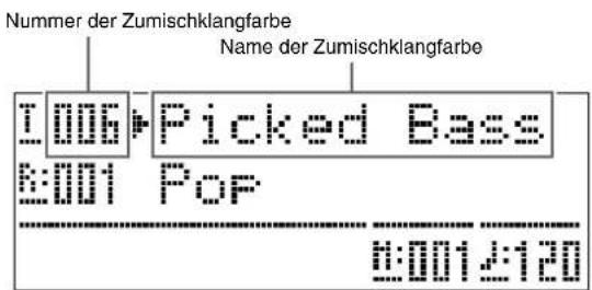 Nummer der Zumischklangfarbe Name der Zumischklangfarbe 1006 Picked Bass E:001 Pop 8:001±120