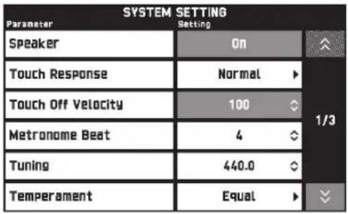 SYSTEM SETTING Parameter Setting Speaker On Touch Response Normal 1/3 Touch Off Velocity 100 Metronome Beat 4 Tuning 440.0 Temperament Equal