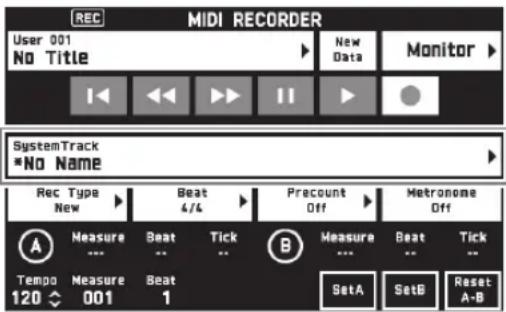 REC MIDI RECORDER User 001 New Data Monitor No Title SystemTrack *No Name Rec Type Beat Precount Metronome New 4/4 Off Off A Measure Beat Tick B Measure Beat Tick Tempo Measure Beat SetA SetB Reset A-B 120 001 1