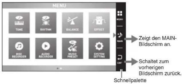 MENU TONE RHYTHM BALANCE EFFECT MIDI RECORDED AUDIO RECORDED MUSIC Preset SYSTEM SETTING Zeigt den MAIN- Bildschirm an. Schaltet zum vorherigen Bildschirm zurück. Schnellpalette