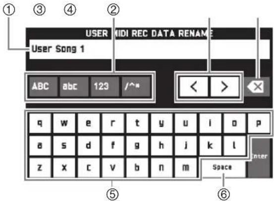 USER MIDI REC DATA RENAME User Song 1 ABC abc 123 /^* < > q w e r t y u i o p a s d f g h j k l z x c v b n m Space Enter ⑤ ⑥