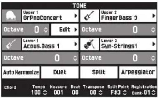 TONE Upper 1 GrPnoConcert Upper 2 FingerBass 3 Octave 0 Edit Octave 0 Lower 1 Acous.Bass 1 Lower 2 Sun-Strings1 Octave 0 Octave 0 Auto Harmonize Duet Split Arpeggiator Chord Tempo Measure Beat Transpose Split Point Registration 100 001 00 00 F#3 Bank-01