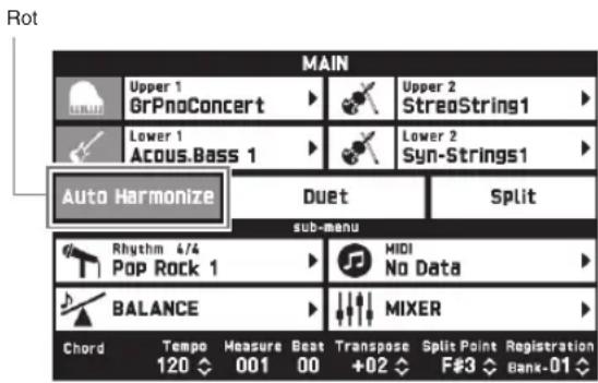 Rot MAIN Upper 1 GrPnoConcert Upper 2 StreaString1 Lower 1 Acous.Bass 1 Lower 2 Syn-Strings1 Auto Harmonize Duet Split sub-menu Rhythm 4/4 Pop Rock 1 MIDI No Data BALANCE MIXER Chord Tempo Measure Beat Transpose Split Point Registration 120 001 00 +02 F#3 Bank-01