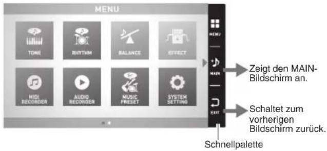 MENU TONE RHYTHM BALANCE EFFECT HIDI RECORDER AUDIO RECORDER MUSIC PRESET SYSTEM SETTING Zeigt den MAIN- Bildschirm an. Schaltet zum vorherigen Bildschirm zurück. Schnellpalette