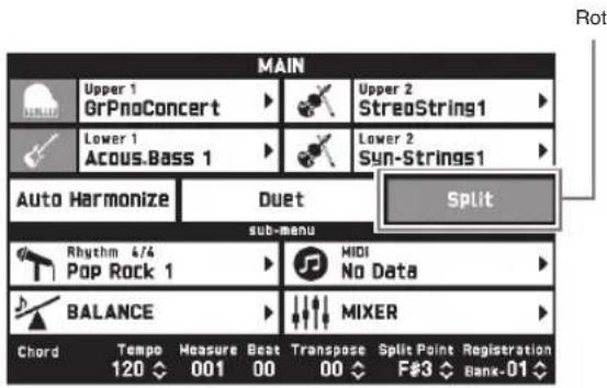MAIN Upper 1 GrPnoConcert Upper 2 StreoString1 Lower 1 Acous.Bass 1 Lower 2 Syn-Strings1 Auto Harmonize Duet Split sub-menu Rhythm 4/4 Pop Rock 1 MIDI No Data BALANCE MIXER Chord Tempo Measure Beat Transpose Split Point Registration 120 001 00 00 F#3 Bank-01