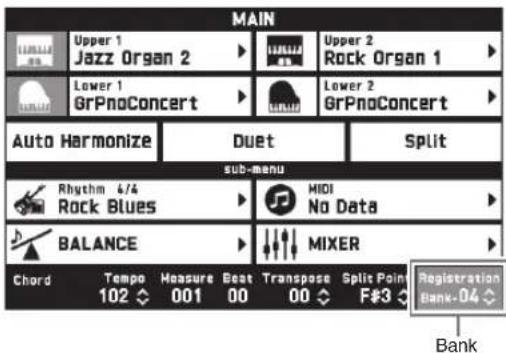 MAIN Upper 1 Jazz Organ 2 Lower 1 GrPnoConcert Lower 2 GrPnoConcert Auto Harmonize Duet Split sub-menu Rhythm 4/4 Rock Blues MIDI No Data BALANCE MIXER Chord Tempo Heasure Best Transpose Split Point 102 001 00 00 F#3 Registration Bank