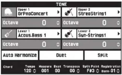TONE Upper 1 GrPnoConcert Upper 2 StreoString1 Octave 0 Octave 0 Lower 1 Acous.Bass 1 Lower 2 Sun-Strings1 Octave 0 Octave 0 Auto Harmonize Duet Split Chord Tempo Measure Beat Transpose Split Point Registration 120 001 00 00 F#3 Bank-01