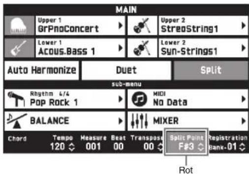 MAIN Upper 1 GrPnoConcert Lower 1 Acous.Bass 1 Lower 2 Sun-Strings1 Auto Harmonize Duet Split sub-menu Rhythm 4/4 Pop Rock 1 MIDI No Data BALANCE MIXER Chord Tempo Measure Beat Transpose F#3 Registration 120 001 00 00 Bank-01 Split Point Rot