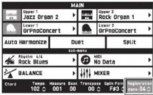 MAIN Upper 1 Jazz Organ 2 Lower 1 GrPnoConcert Lower 2 GrPnoConcert Auto Harmonize Duet Split sub-menu Rhythm 4/4 Rock Blues MIDI No Data BALANCE MIXER Chord Tempo Measure Beat Transpose Split Pain Registration 102 001 00 00 F#3 Bank-04