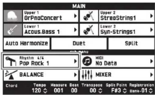 MAIN Upper 1 GrPnoConcert Lower 1 Acous.Bass 1 Upper 2 StreoString1 Lower 2 Syn-Strings1 Auto Harmonize Duet Split Sub-Menu Rhythm 4/4 Pop Rock 1 MIDI No Data BALANCE MIXER Chord Tempo Measure Beat Transpose Split Point Registration 120 001 00 00 F#3 Bank-01
