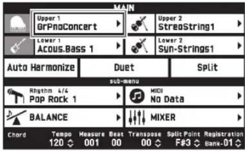MAIN Upper 1 GrPnoConcert Lower 1 Acous.Bass 1 Upper 2 StreoString1 Lower 2 Syn-Strings1 Auto Harmonize Duet Split sub-menu Rhythm 4/4 Pop Rock 1 MIDI No Data BALANCE MIXER Chord Tempo Measure Beat Transpose Split Point Registration 120 001 00 00 F#3 Bank-01