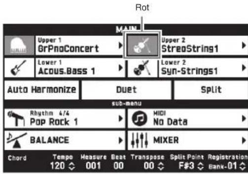 Rot MAIN Upper 1 GrPnoConcert Lower 1 Acous.Bass 1 Upper 2 StreaString1 Lower 2 Syn-Strings1 Auto Harmonize Duet Split sub-manu Rhythm 4/4 Pop Rock 1 MIDI No Data BALANCE MIXER Chord Tempo Measure Beat Transpose Split Point Registration 120 ◆ 001 00 00 ◆ F#3 ◆ Bank-01 ◆