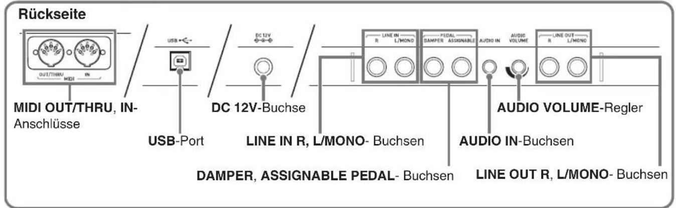 Rückseite MIDI OUT/THRU, IN-Anschlüsse USB← USB-Port DC 12V-Buchse LINE IN R, L/MONO- Buchsen DAMPER, ASSIGNABLE PEDAL- Buchsen DC 12V LINE IN L/MONO PEDAL DAMPER, ASSIGNABLE AUDIO IN Burchsen LINE OUT R, L/MONO- Buchsen AUDIO VOLUME-Regler AUDIO IN Burchsen