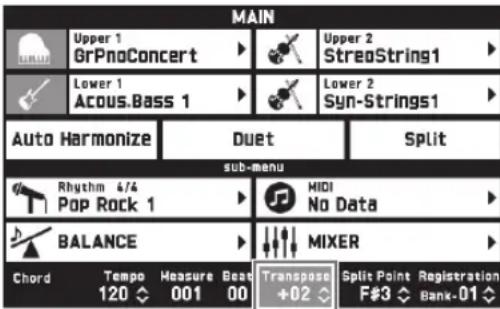 MAIN Upper 1 GrPnoConcert Lower 1 Acous.Bass 1 Duet Upper 2 StreoString1 Lower 2 Syn-Strings1 Auto Harmonize Split sub-menu Rhythm 4/4 Pop Rock 1 MIDI No Data BALANCE MIXER Chord Tempo Measure Beat Transpose +02 Split Point Registration F#3 Bank-01