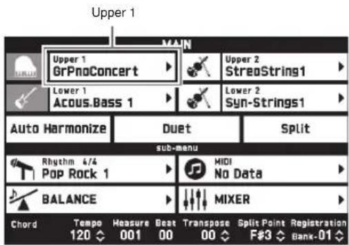 Upper 1 MAIN Upper 1 GrPnoConcert Lower 1 Acous.Bass 1 Upper 2 StreaString1 Lower 2 Syn-Strings1 Auto Harmonize Duet Split sub-menu Rhythm 4/4 Pop Rock 1 MIDI No Data BALANCE MIXER Chord Tempo Measure Beat Transpose Split Point Registration 120 001 00 00 F#3 Banks-01