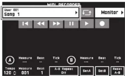 User 001 Song 1 Monitor A Measure Beat Tick B Measure Beat Tick Tempo Measure Beat 120 ← 001 1 A-B Repeat Off SetA SetB Reset A-B
