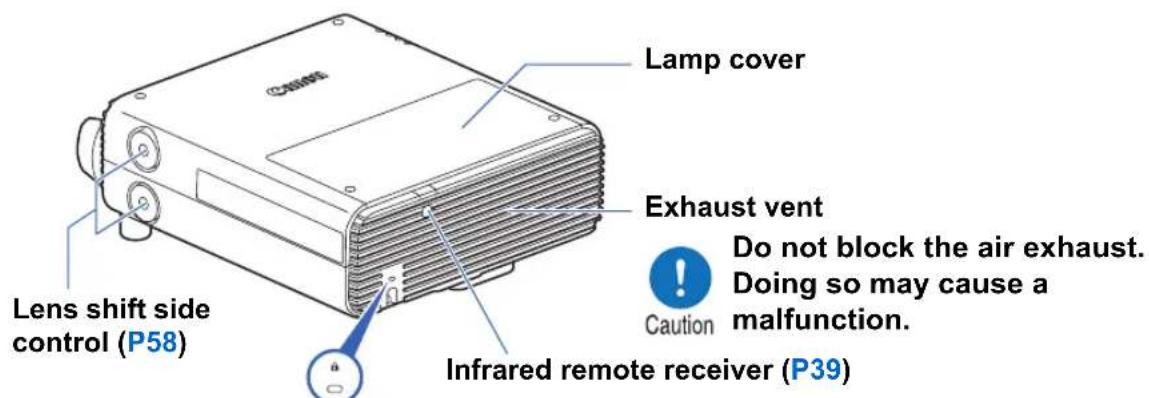 Lamp cover Exhaust vent Do not block the air exhaust. Doing so may cause a malfunction. Lens shift side control (P58) Infrared remote receiver (P39)