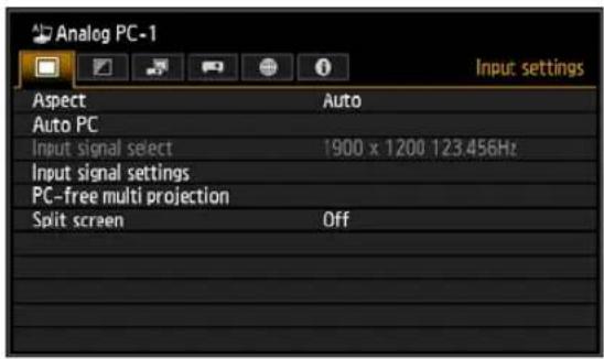 Analog PC-1 Aspect Auto Auto PC Input signal select 1900 x 1200 123.456Hz Input signal settings PC-free multi projection Split screen Off