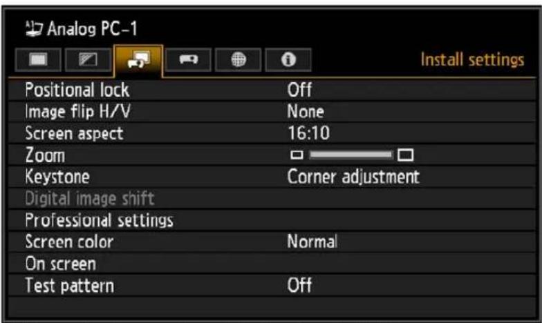 Analog PC-1 Install settings Positional lock Off Image flip H/V None Screen aspect 16:10 Zoom Keystone Corner adjustment Digital image shift Professional settings Screen color Normal On screen Test pattern Off