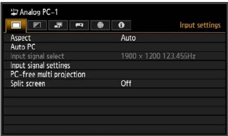 Analog PC-1 Input settings Aspect Auto Auto PC Input signal select 1900 x 1200 123.456Hz Input signal settings PC-free multi projection Split screen Off