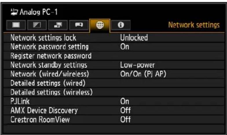 Analog PC-1 Network settings Network settings lock Unlocked Network password setting On Register network password Network standby settings Low-power Network (wired/wireless) On/On (Pj AP) Detailed settings (wired) Detailed settings (wireless) PJLink On AMX Device Discovery Off Crestron RoomView Off