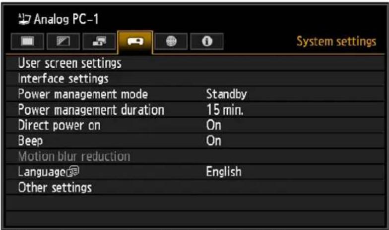 Analog PC-1 System settings User screen settings Interface settings Power management mode Standby Power management duration 15 min. Direct power on On Beep On Motion blur reduction Language English Other settings