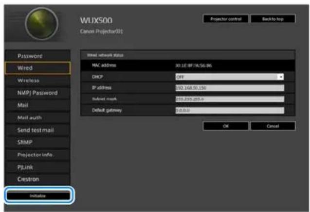 WUX500 Canon Projector01 Projector control Back to top Password Wired Wireless NMPJ Password Mail Mail auth Send test mail SRMP Projector info. P/Link Crestron Initiate Wired network status MAC address 90.1E-8F:74.56.96 DHCP OFF IP address $92,368.50,150 Submit mesh $19,239,285.0 Default gateway $0.0.0 OK Cancel