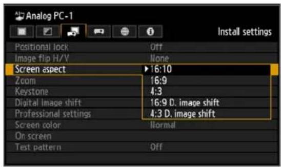 Analog PC-1 Positional lock Off Image flip H/V None Screen aspect ► 16:10 Zoom 16:9 Keystone 4:3 Digital image shift 16:9 D. image shift Professional settings 4:3 D. image shift Screen color Normal On screen Test pattern Off
