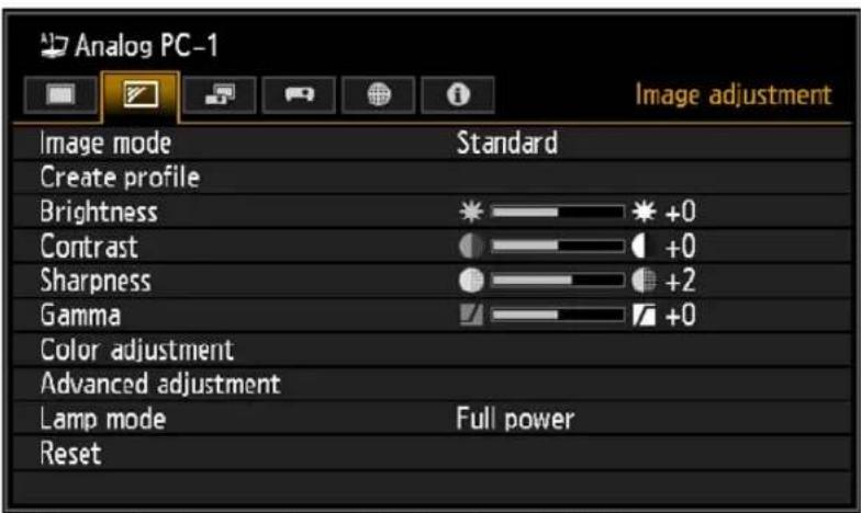 Analog PC-1 Image adjustment Image mode Standard Create profile Brightness +0 Contrast +0 Sharpness +2 Gamma +0 Color adjustment Advanced adjustment Lamp mode Full power Reset