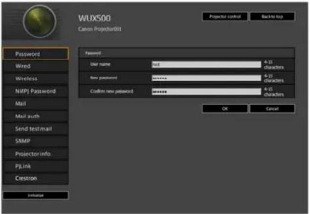 WUX500 Canon Projector301 Projector control Back to top Password Wired Wireless NMPJ Password Mail Mail auth Send test mail SNMP Projector info PLink Ciestron Initiate Password User name Net 4-25 characters New password ******** 4-25 characters Confirm new password ******** 4-25 characters OK Cancel