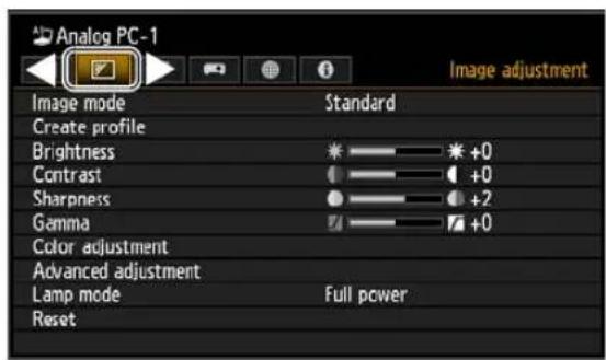 Analog PC-1 Image adjustment Image mode Standard Create profile Brightness * +0 Contrast ● +0 Sharpness ● +2 Gamma ✓ +0 Color adjustment Advanced adjustment Lamp mode Full power Reset