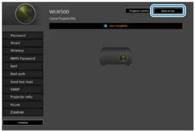 WUX500 Canon Projector901 Projector control Back to top Password Wired Wireless NMP3 Password Mail Mail auth Send test mail SNMP Projector Info PILink Ciestron Initiate Save completed