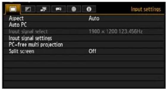 Input settings Aspect Auto Auto PC Input signal select 1900 x 1200 123.45GHz Input signal settings PC-free multi projection Split screen Off