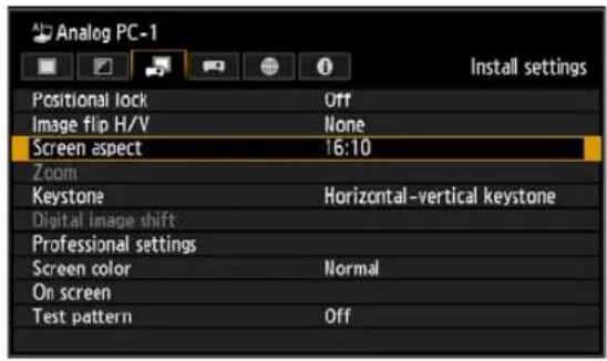 Analog PC-1 Positional lock Off Image flip H/V None Screen aspect 16:10 Zoom Keystone Horizontal-vertical keystone Digital image shift Professional settings Screen color Normal On screen Test pattern Off