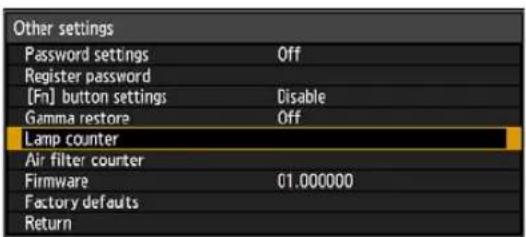 Other settings Password settings Off Register password [Fn] button settings Disable Gamma restore Off Lamp counter Air filter counter Firmware 01.000000 Factory defaults Return
