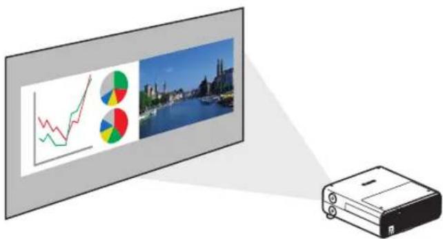 Diagram showing a monitor displaying a line chart with three colored pie charts, alongside a projector and cityscape background.