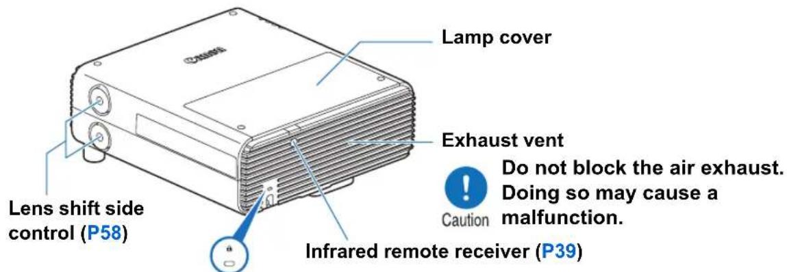 Lamp cover Exhaust vent Do not block the air exhaust. Doing so may cause a malfunction. Lens shift side control (P58) Infrared remote receiver (P39)
