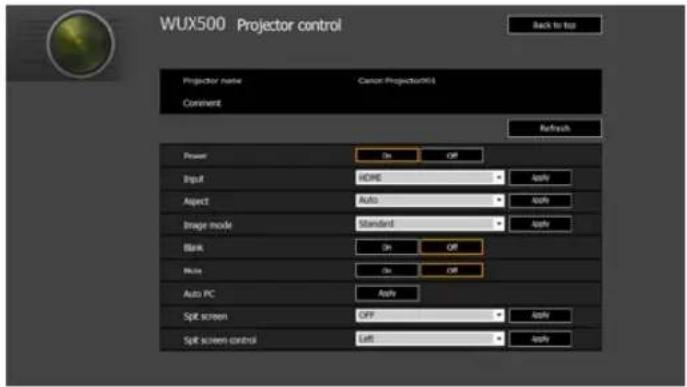 WUX500 Projector control Back to top Projector name Cancel Projector(s) Comment Refresh Power On Off Input HOME Apply Aspect Auto Apply Image mode Standard Apply Blank On Off None On Off Auto PC Apply Split screen Off Apply Split screen control Left Apply