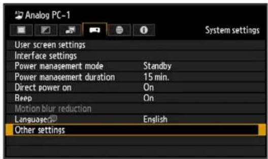 Analog PC-1 User screen settings Interface settings Power management mode Standby Power management duration 15 min. Direct power on On Beep On Motion blur reduction Language: English Other settings