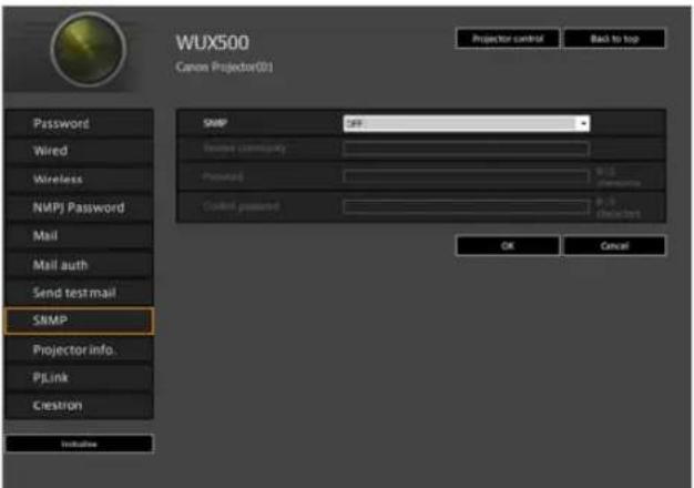 WUX500 Canon Projector01 Password Wired Wireless NMPJ Password Mail Mail auth Send test mail SNMP Projector info. PLink Creation Initiate SNMP SNP Projector control Back to top Password R-1.0 Description Custom presented OK Cancel