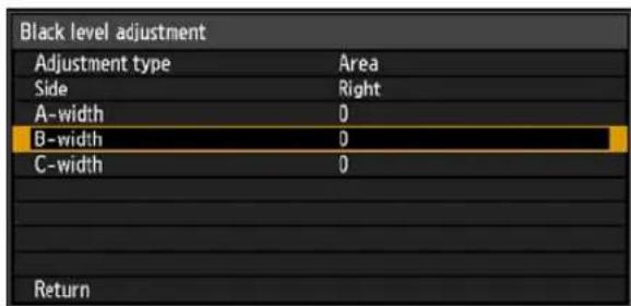Black level adjustment Adjustment type Area Side Right A-width 0 B-width 0 C-width 0 Return