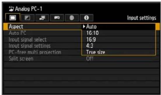 Analog PC-1 Input settings Aspect Auto PC 16:10 Input signal select 16:9 Input signal settings 4:3 PC-free multi projection True size Split screen Off