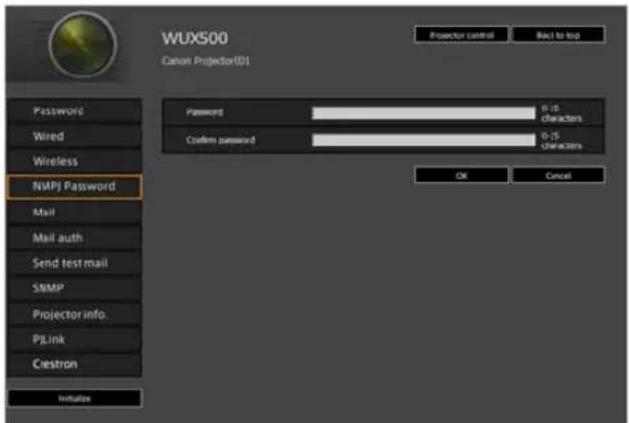 WUX500 Canon Projector ID1 Password Wired Wireless NMPJ Password Mail Mail auth Send test mail SNMP Projector info. PLink Ciestron Initiate Projector control Back to top Password 0-15 Characters Custom password 0-15 Characters OK Cancel