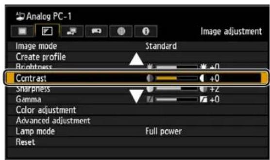 Analog PC-1 Image adjustment Image mode Standard Create profile Brightness +0 Contrast +0 Sharpness +2 Gamma +0 Color adjustment Advanced adjustment Lamp mode Full power Reset