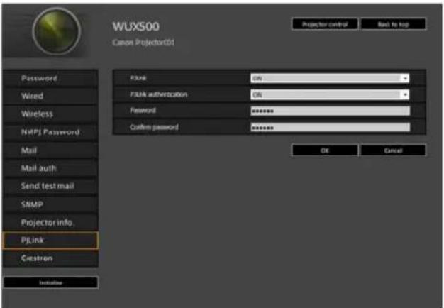 WUX500 Canon Projector01 Password Wired Wireless NVRPS Password Mail Mail auth Send test mail SNMP Projector info. PLink Crestron Initiate Projector control Back to top Rank OK PLink authentication OK Password ****** Custom password ****** OK Cancel