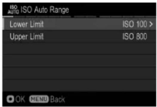 ISO AUTO ISO Auto Range Lower Limit ISO 100 > Upper Limit ISO 800 OK MENU Back