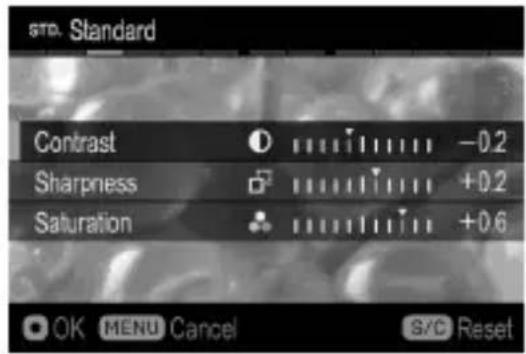 STD. Standard Contrast 0 -0.2 Sharpness +0.2 Saturation +0.6 OK MENU Cancel S/C Reset