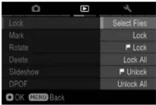 Lock Mark Rotate Delete Slideshow DPOF Select Files Lock Lock Lock All Unlock Unlock All OK MENU Back