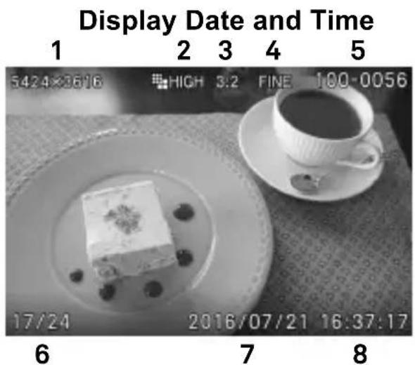 Display Date and Time 1 2 3 4 5 5424×36'16 HIGH 3:2 FINE 100-0056 17/24 2016/07/21 16:37:17 6 7 8